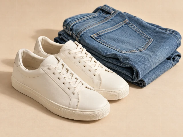 Ivory sneakers with folded denim